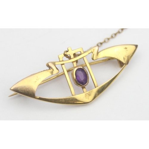 1119 - An Art Nouveau period 9ct gold and amethyst set brooch, marked 9ct and XRF confirmed, approx 40mm wi... 