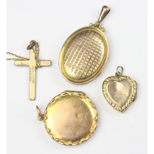 1124 - 3 9ct gold back and front lockets and a 9ct gold back and front cross on a gold plated chain, approx... 