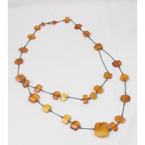 1126 - A silver and amber necklace and 2 silver mounted hardstone bead bracelets, one with a matching pair ... 