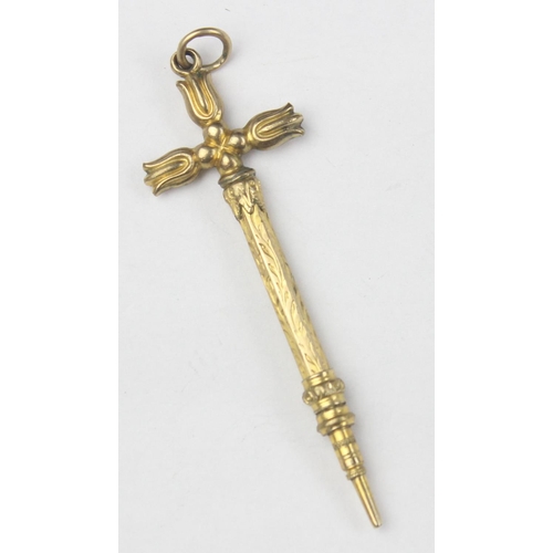 1133 - An antique 9ct gold chatelaine propelling pencil, seemingly unmarked but XRF confirmed, approx 55mm ... 