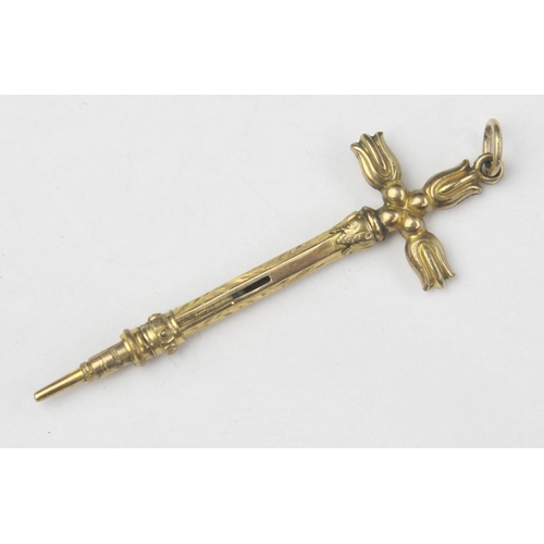 1133 - An antique 9ct gold chatelaine propelling pencil, seemingly unmarked but XRF confirmed, approx 55mm ... 