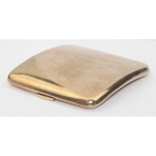 1149 - A 9ct gold cigarette case of plain curved form, Birmingham 1920 by Cohen & Charles, approx 95mm x 85... 