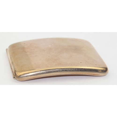 1149 - A 9ct gold cigarette case of plain curved form, Birmingham 1920 by Cohen & Charles, approx 95mm x 85... 