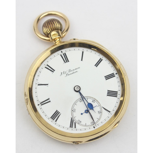 1300 - An 18ct gold cased open faced pocket watch by JW Benson, white enamel dial with Roman Numerals, case... 