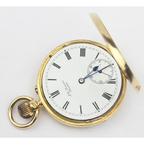 1300 - An 18ct gold cased open faced pocket watch by JW Benson, white enamel dial with Roman Numerals, case... 