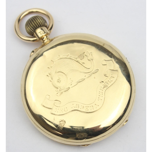 1300 - An 18ct gold cased open faced pocket watch by JW Benson, white enamel dial with Roman Numerals, case... 