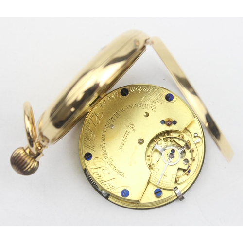 1300 - An 18ct gold cased open faced pocket watch by JW Benson, white enamel dial with Roman Numerals, case... 