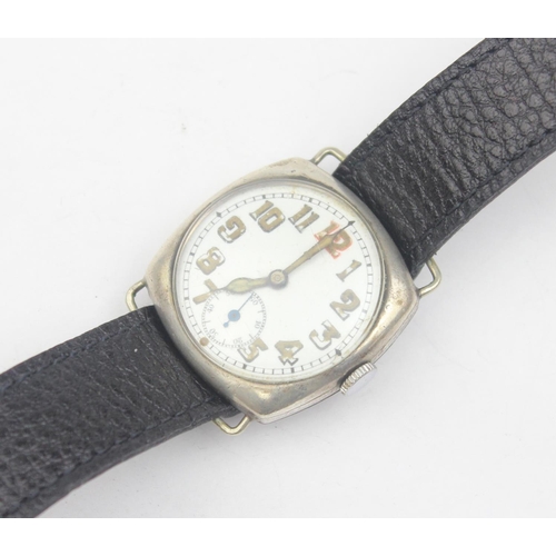 1307 - A vintage silver cased trench style watch with luminous hands and numbers, case import marked for Gl... 