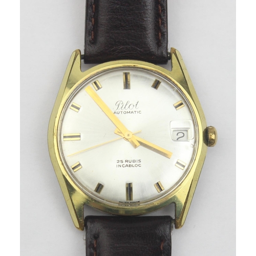 1310 - A vintage Pilot Automatic watch with gold plated case, the silvered dial with baton numerals, later ... 