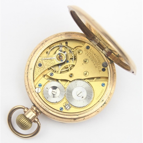 1311 - A vintage Waltham gold plated pocket watch with white enamel open face dial, Roman numerals, approx ... 