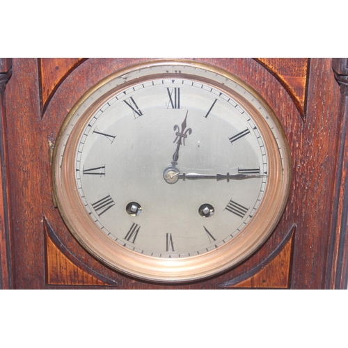 1325 - A vintage Lenzkirch of Germany oak cased mantel or bracket clock with key and pendulum, approx 40cm ... 