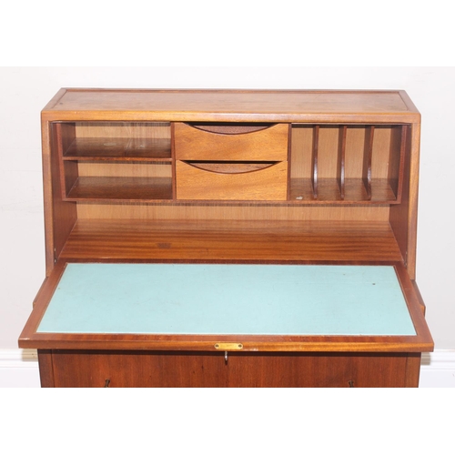 32 - A retro bureau with fall front top over 3 drawers, seemingly unmarked, approx 81cm wide x 41cm deep ... 