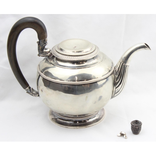 1065 - An early 19th century German silver teapot of rounded form, various marks to base including the Dres... 