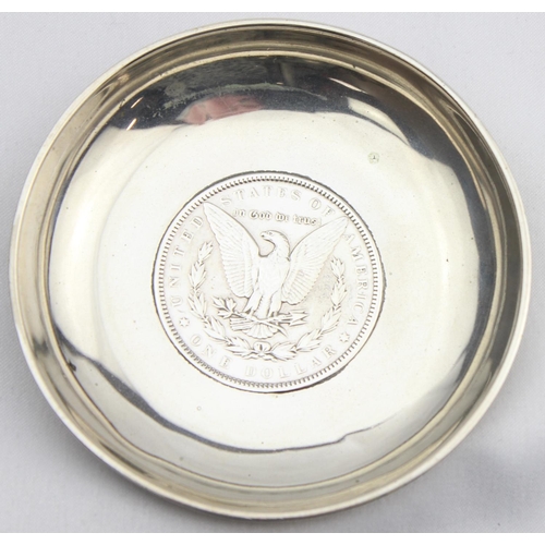 1077 - A vintage silver dish set with an 1896 USA silver Morgan dollar coin, marked Sterling and XRF confir... 