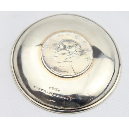 1078 - A vintage silver dish set with a Chinese silver Junk dollar coin, marked Sterling and Wai Kee of Hon... 