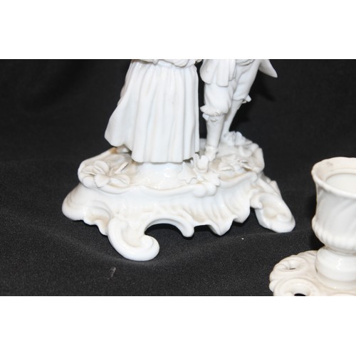 1521A - Nymphenburg pottery - A matched pair of Blanc-de-chine porcelain candlesticks decorated with classic... 