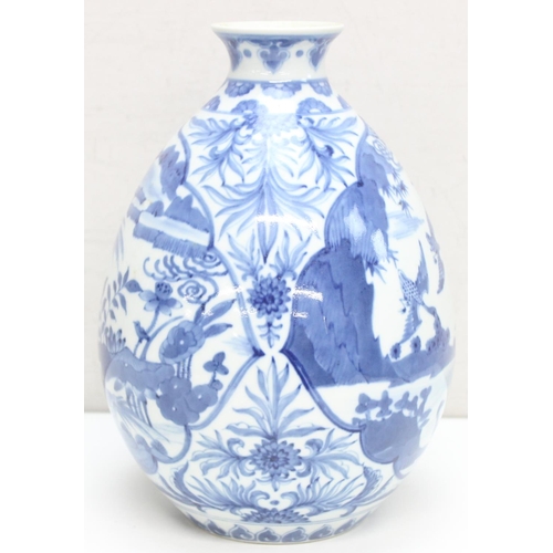 1478 - A large Chinese blue and white vase of bulbous form, decorated with birds in a landscape, 6 characte... 