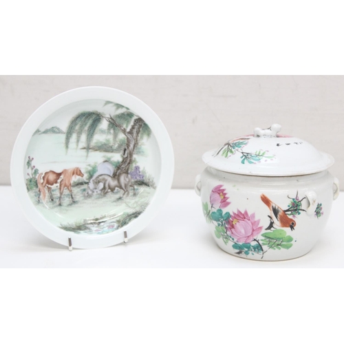 1480 - 2 pieces of hand painted Chinese ceramics, one a dish decorated with horses and the other a lidded p... 