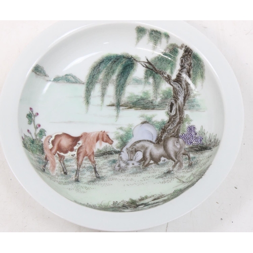 1480 - 2 pieces of hand painted Chinese ceramics, one a dish decorated with horses and the other a lidded p... 