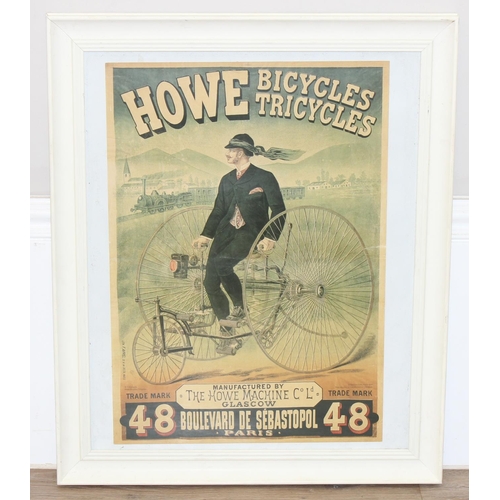 459N - An antique style advertising poster for Howe Bicycles & Tricycles, approx 58cm x 47cm inc frame