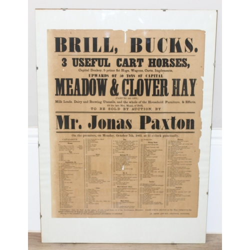 459P - An 1861 dated auction poster for a farm sale at Brill, Bucks, by Joseph Paxton, in later glass clip ... 