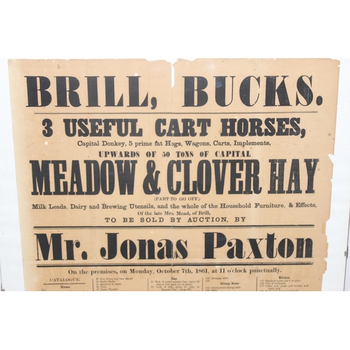 459P - An 1861 dated auction poster for a farm sale at Brill, Bucks, by Joseph Paxton, in later glass clip ... 