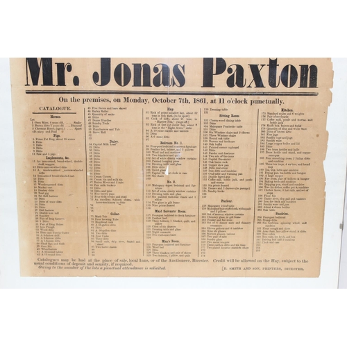 459P - An 1861 dated auction poster for a farm sale at Brill, Bucks, by Joseph Paxton, in later glass clip ... 