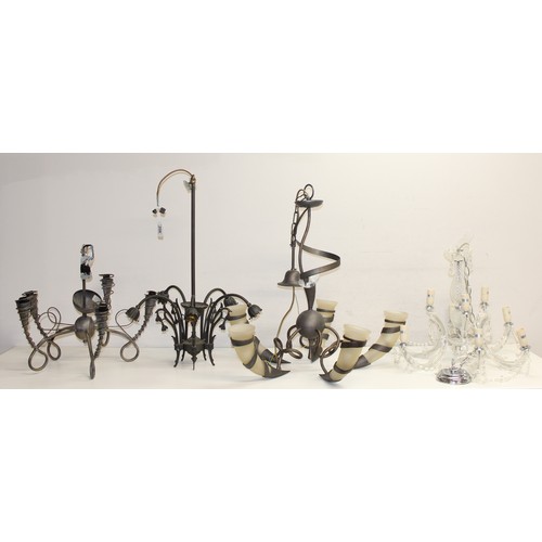 256 - 3 vintage 5-arm metalwork ceiling light fittings, one featuring glass tusk-shaped shades and another... 