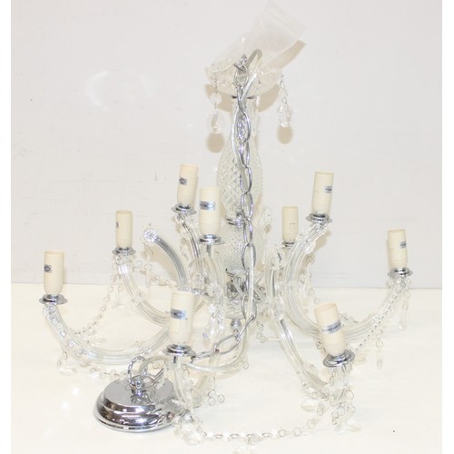 256 - 3 vintage 5-arm metalwork ceiling light fittings, one featuring glass tusk-shaped shades and another... 