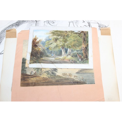 474 - Qty of antique and later hand-painted pictures and pencil sketches/drawings