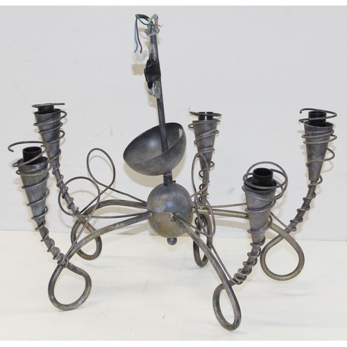 256 - 3 vintage 5-arm metalwork ceiling light fittings, one featuring glass tusk-shaped shades and another... 