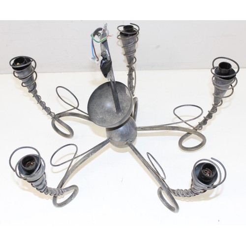 256 - 3 vintage 5-arm metalwork ceiling light fittings, one featuring glass tusk-shaped shades and another... 