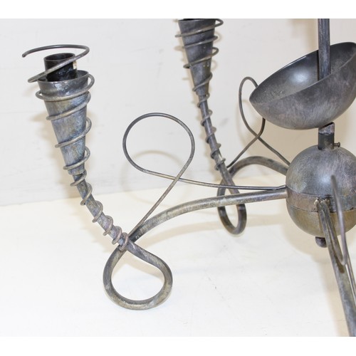 256 - 3 vintage 5-arm metalwork ceiling light fittings, one featuring glass tusk-shaped shades and another... 