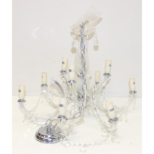 256 - 3 vintage 5-arm metalwork ceiling light fittings, one featuring glass tusk-shaped shades and another... 