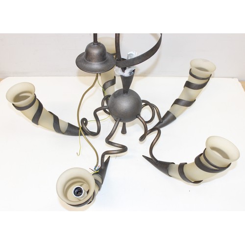 256 - 3 vintage 5-arm metalwork ceiling light fittings, one featuring glass tusk-shaped shades and another... 