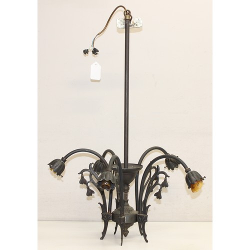 256 - 3 vintage 5-arm metalwork ceiling light fittings, one featuring glass tusk-shaped shades and another... 