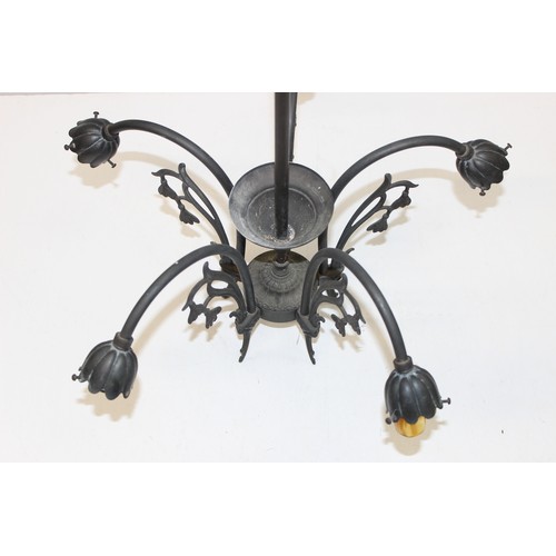 256 - 3 vintage 5-arm metalwork ceiling light fittings, one featuring glass tusk-shaped shades and another... 