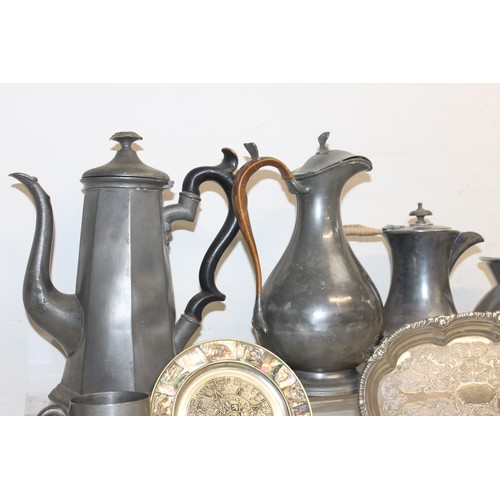 1038 - Assorted pewter and silver-plated items to incl jugs, candelabra, salad servers, dishes etc, approx ... 