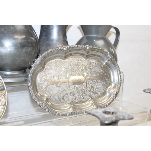 1038 - Assorted pewter and silver-plated items to incl jugs, candelabra, salad servers, dishes etc, approx ... 