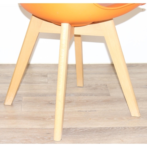 112 - A harlequin set of 3 colourful moulded plastic chairs with wooden legs, all seemingly unmarked, appr... 