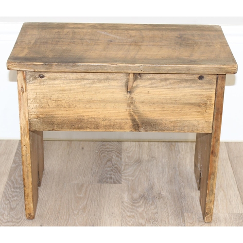 69 - 2 rustic vintage pine stools, the largest approx 48cm wide x 28cm deep x 40cm tall