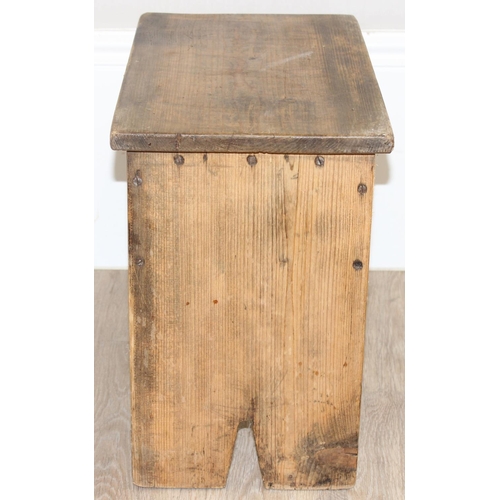 69 - 2 rustic vintage pine stools, the largest approx 48cm wide x 28cm deep x 40cm tall