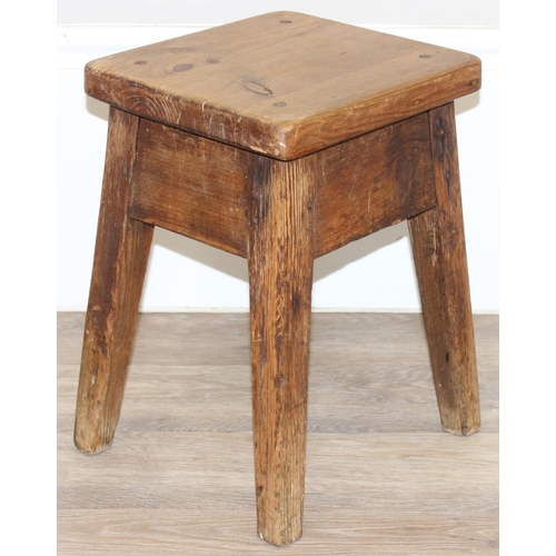 69 - 2 rustic vintage pine stools, the largest approx 48cm wide x 28cm deep x 40cm tall