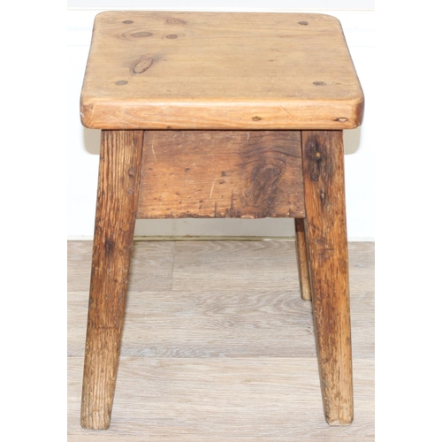 69 - 2 rustic vintage pine stools, the largest approx 48cm wide x 28cm deep x 40cm tall