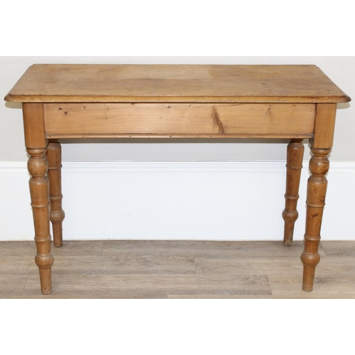 118 - A Victorian pine hall table or desk with turned legs, approx 113cm wide x 51cm deep x 75cm tall