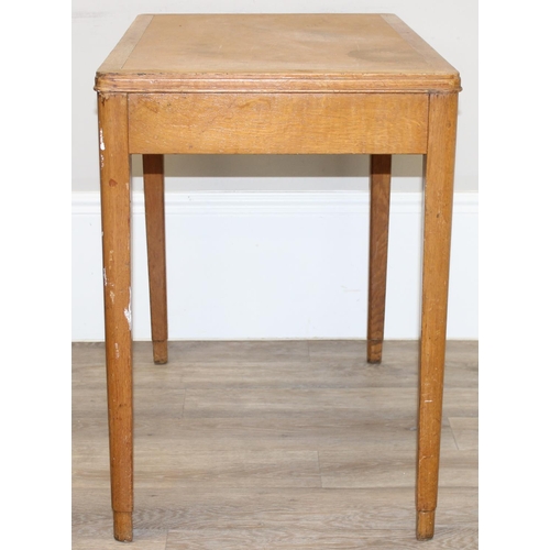 120 - A mid-century light oak desk or work table with inset top, approx 84cm wide x 17cm deep x 96cm tall