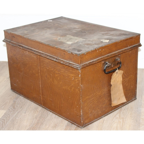 93 - A brass edged campaign style side table made from reclaimed pine and a 19th century toleware painted... 