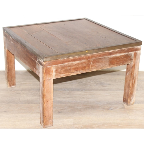 93 - A brass edged campaign style side table made from reclaimed pine and a 19th century toleware painted... 