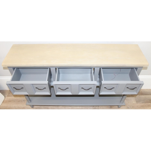 26 - A modern grey painted hall table or sideboard with 3 drawers, formed as 6 drawers with iron handles,... 