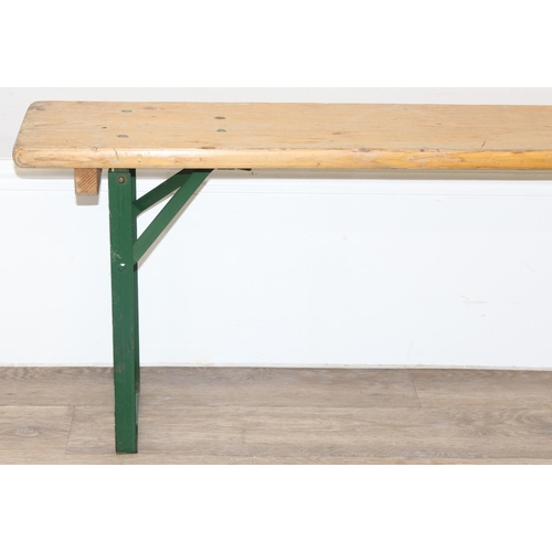 61 - A vintage wooden topped bench with folding metal legs, previously from Carter's Steam Fair, approx 1... 